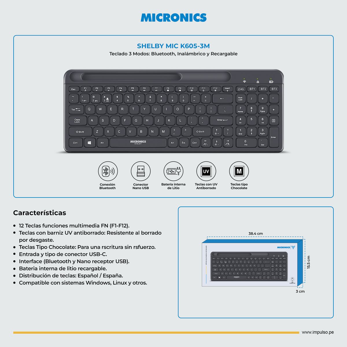 MICRONICS - Teclado Dual Wireless Bluetooth Recargable Shelby Micronics