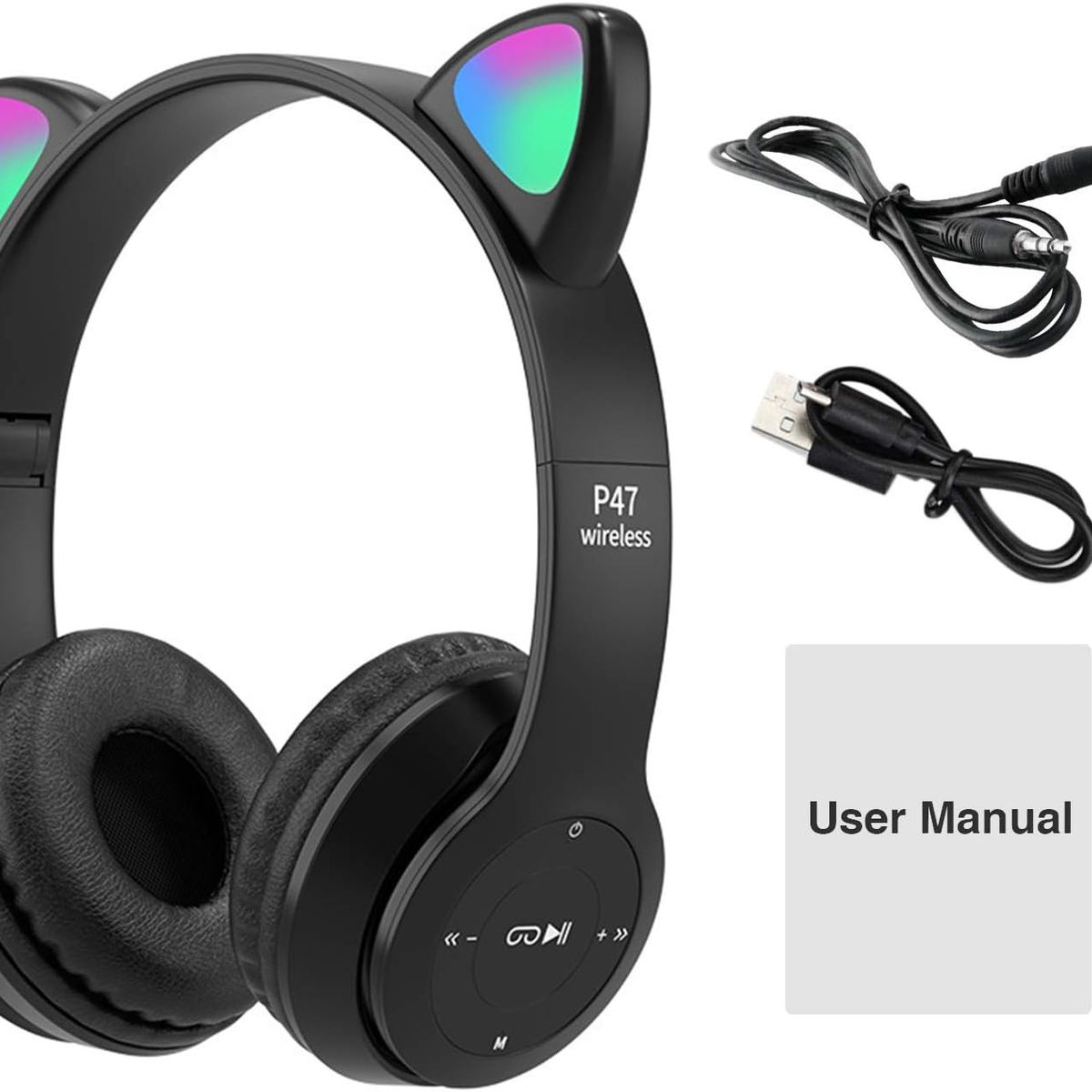 GENERICO - Auriculares inalámbricos con Bluetooth con orejas de Gatito NEGRO.