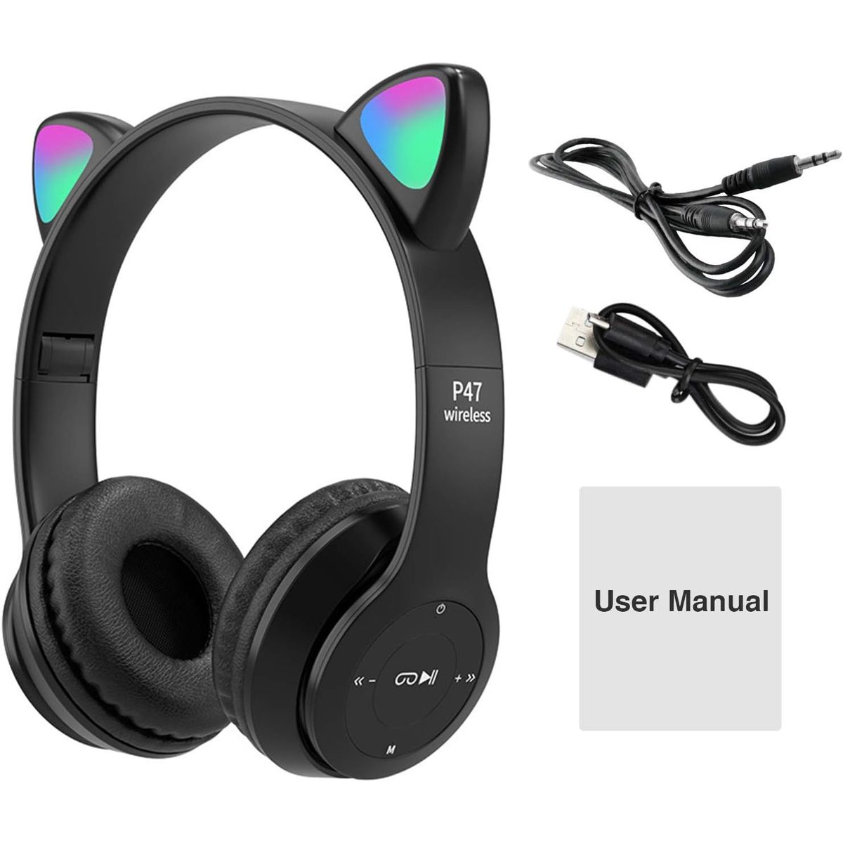 GENERICO - Auriculares inalámbricos con Bluetooth con orejas de Gatito NEGRO.