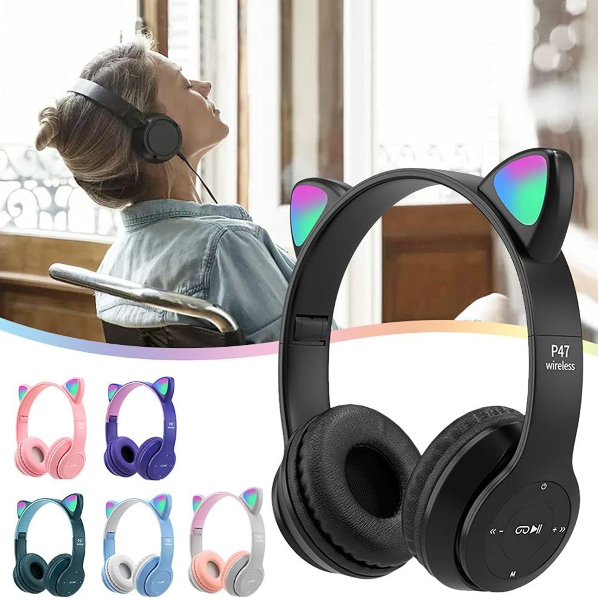 GENERICO - Auriculares inalámbricos con Bluetooth con orejas de Gatito NEGRO.