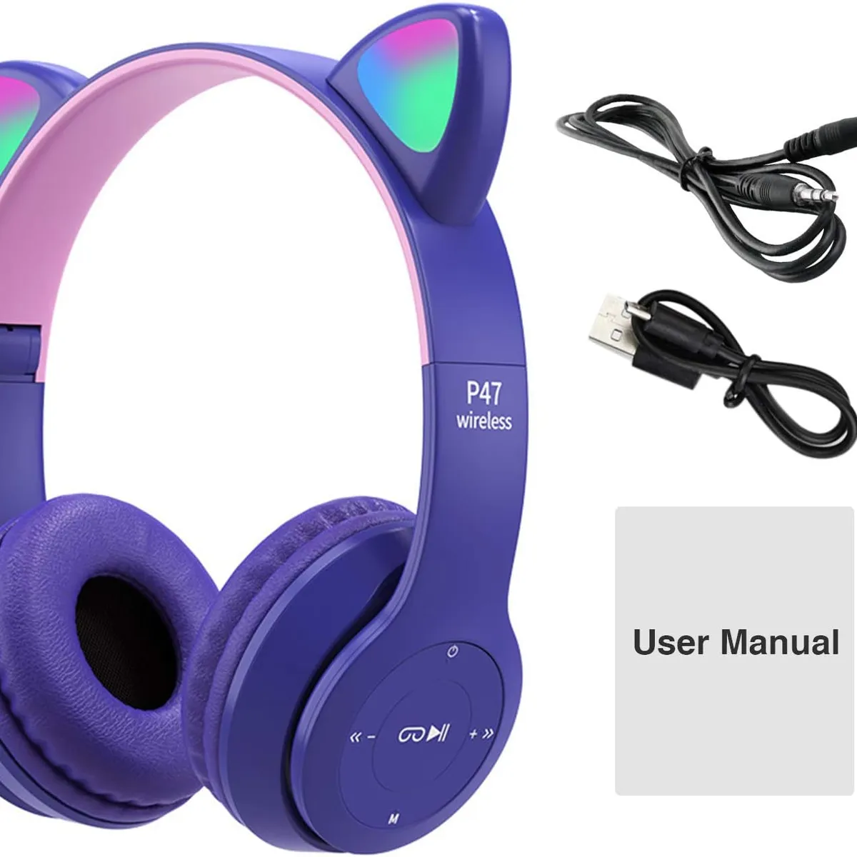 GENERICO - Auriculares inalámbricos con Bluetooth con orejas de Gatito Morado.