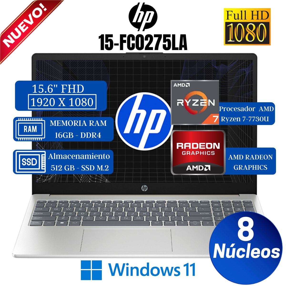 HP - Laptop HP 15-fc0275la 15.6" FHD, AMD Ryzen 7-7730U, Ram 16GB, Ssd 512GB, Win 11