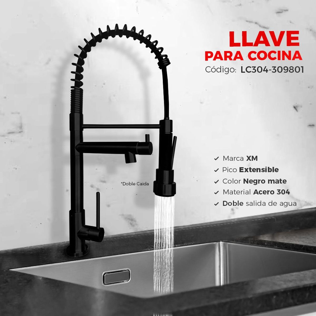 XM - LLAVE DE COCINA AL MUEBLE NEGRO 2 SALIDAS LC304-309801