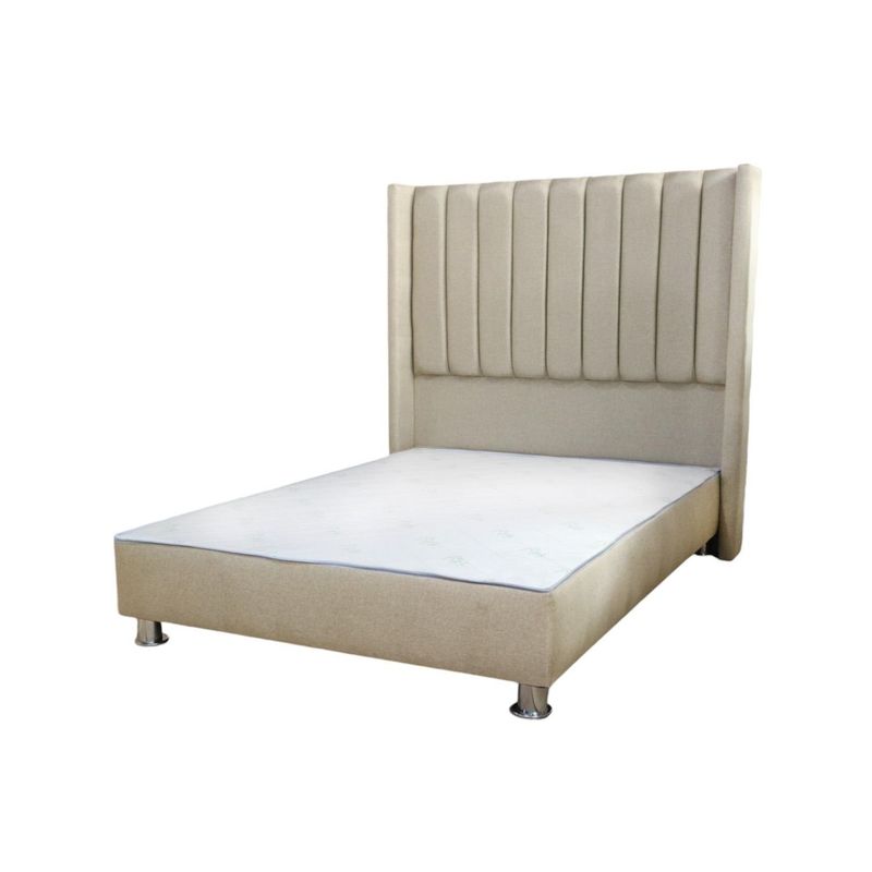 MUEBLES MACRUMO - Cama tapizada Barcelona - 1.5 Plz - Tela Antifluido Beige + Almohada