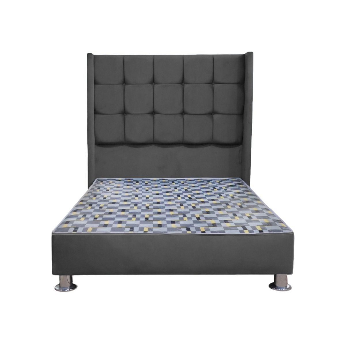 MUEBLES MACRUMO - Cama tapizada Atenas - Queen - Tela Antifluido gris oscuro + Almohada
