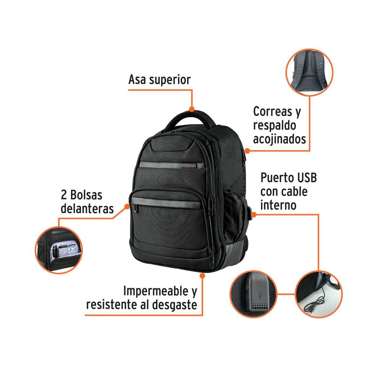 TRUPER - Mochila porta laptop + lonchera termica + tomatodo Truper