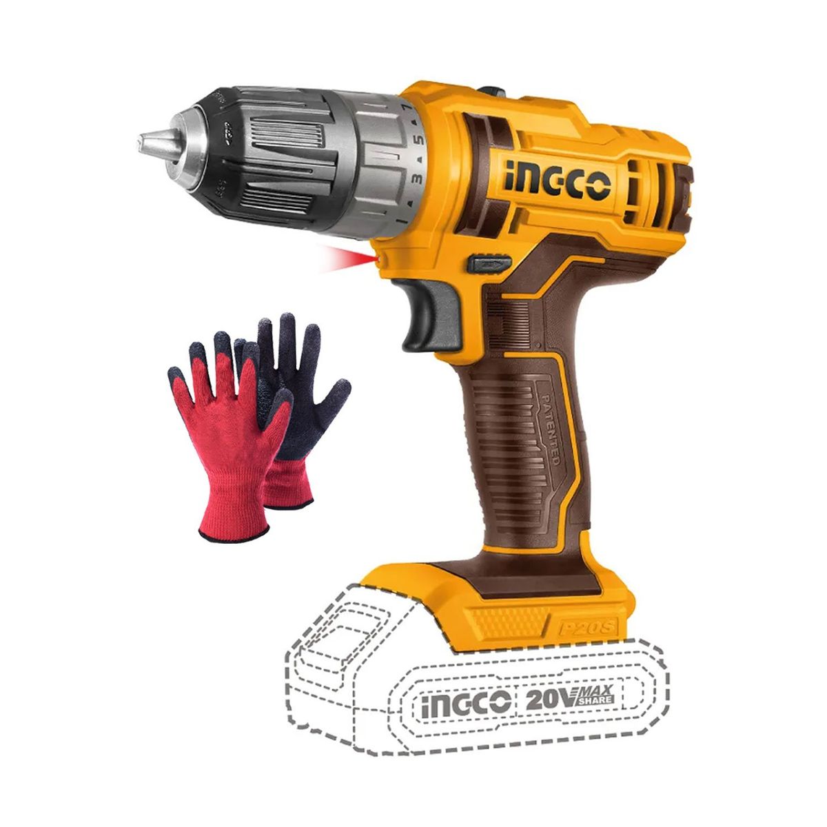 INGCO TOOLS - TALADRO ATORNILLADOR 38 20V + GUANTES ANTI CORTE INGCO