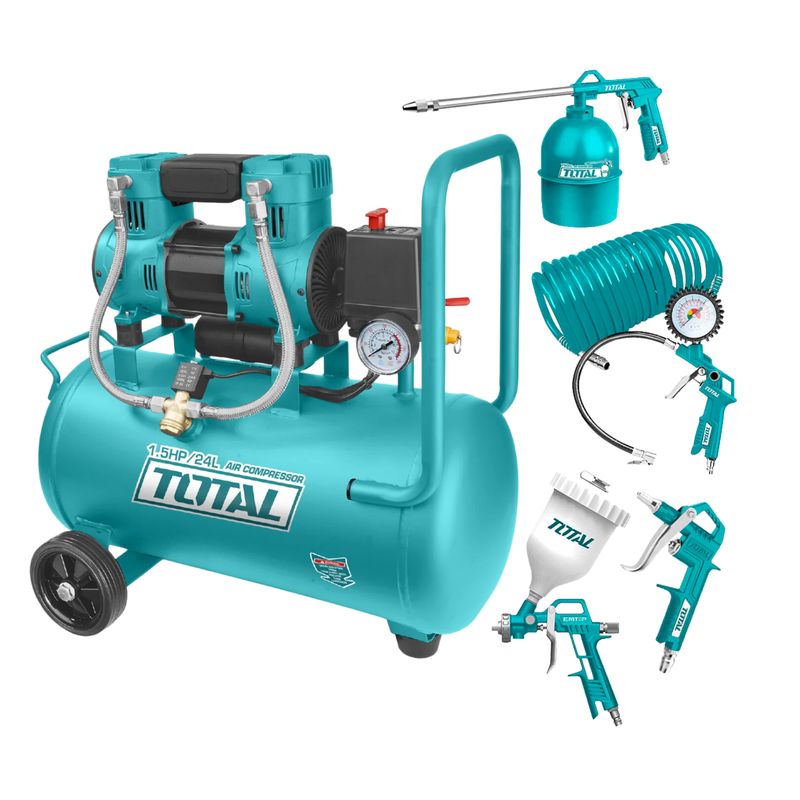 TOTAL TOOLS - Compresora silenciosa 24L + Kit compresor 5 piezas Total