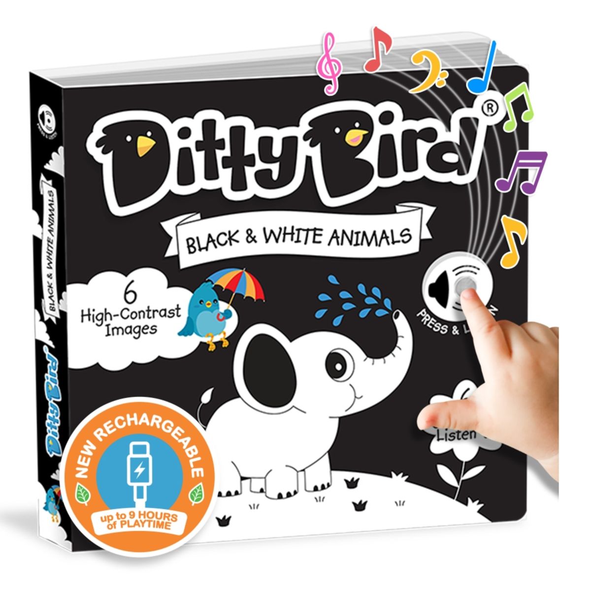 DITTY BIRD - Libro sonoro recargable Ditty Bird Animales en blanco y negro Inglés