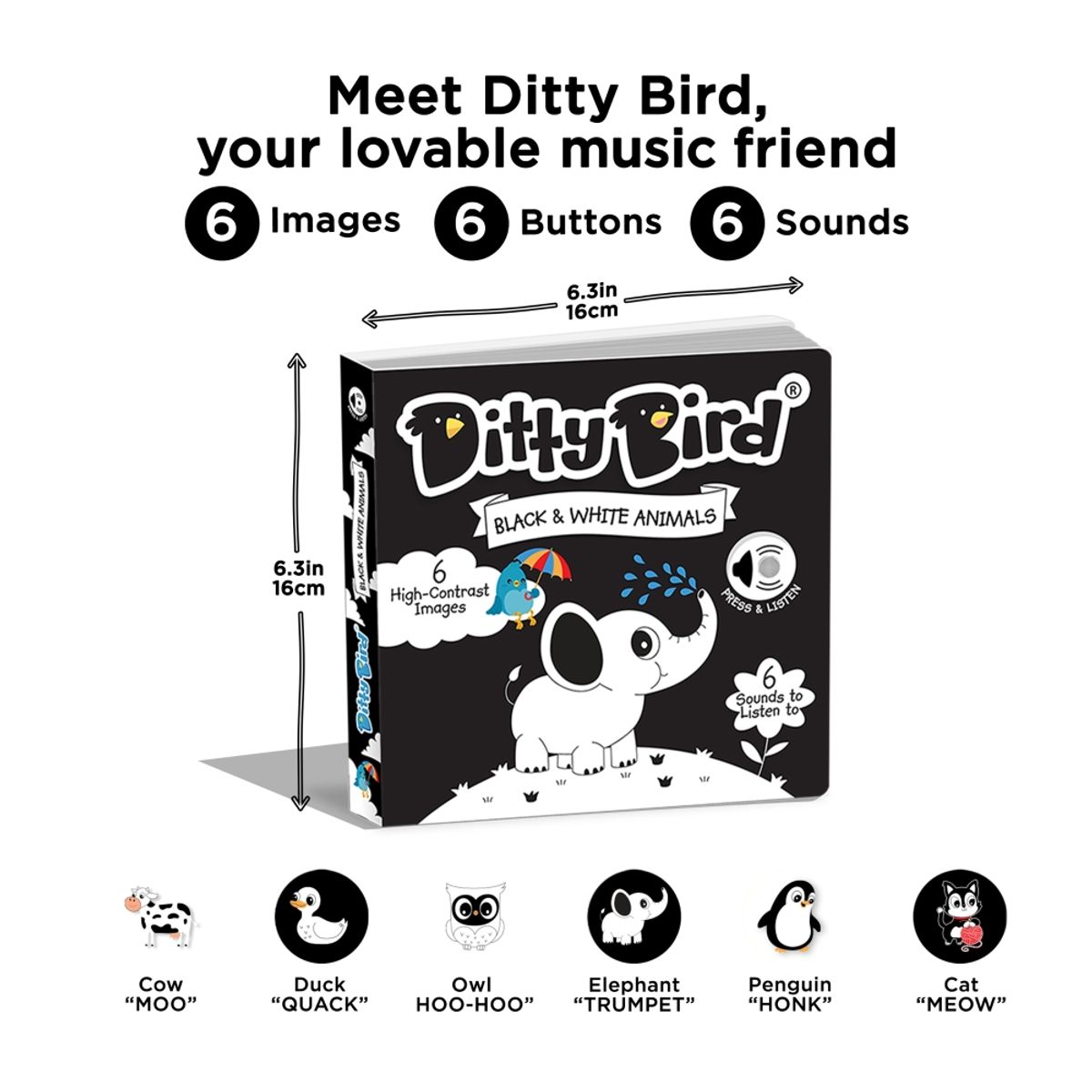 DITTY BIRD - Libro sonoro recargable Ditty Bird Animales en blanco y negro Inglés