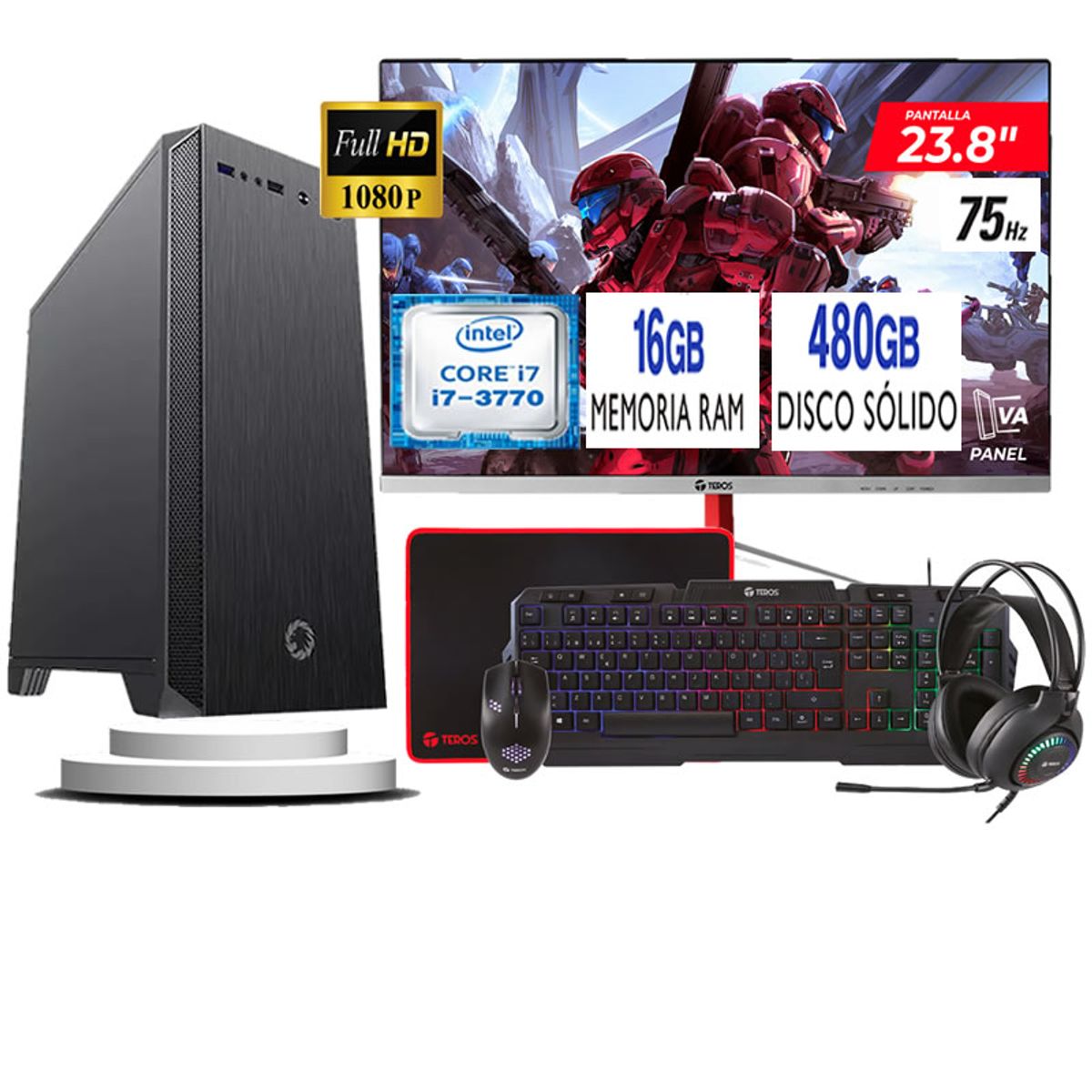 TEROS - Computadora Pc Intel Core i7 3770  Monitor 24 fhd' RAM 16 GB SSD 480 GB