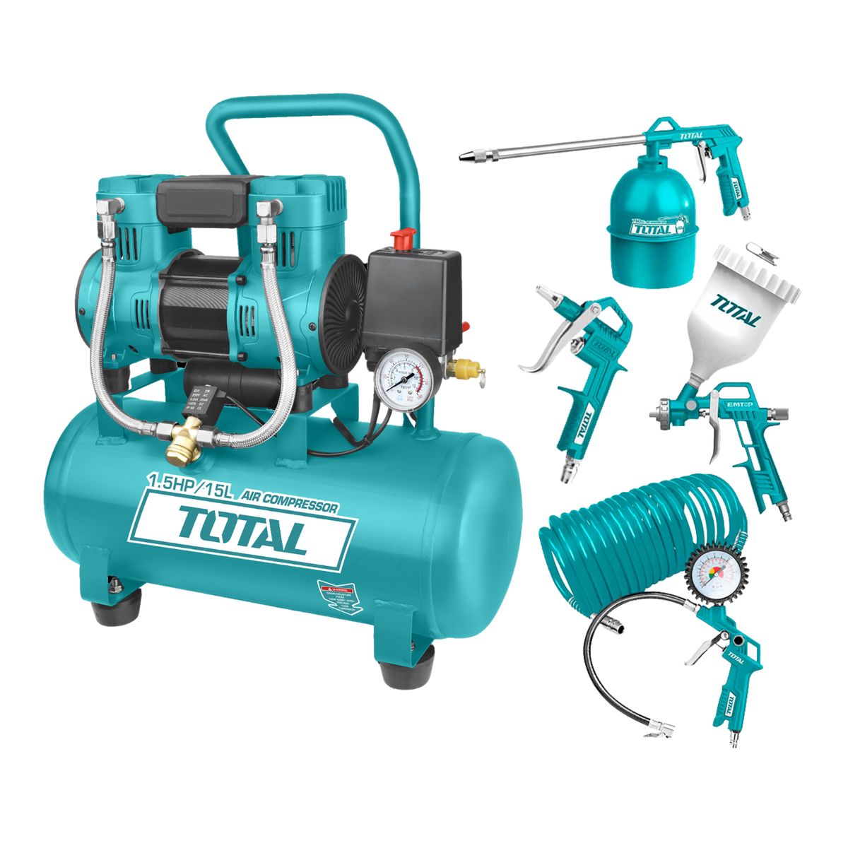 TOTAL TOOLS - Compresora silenciosa 15L + kit compresor 5 piezas Total
