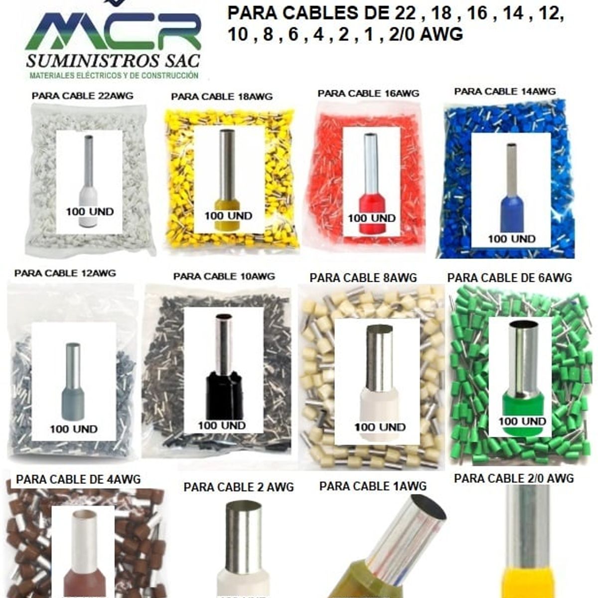 IMPORTADO MC - TERMINALES PARA CABLES 22 -18- 16- 14- 12- 10- 8- 6- 4- 2 -1 y 2/0 AWG