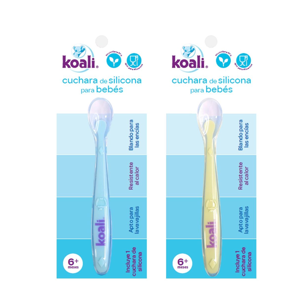 KOALI - Cuchara para Bebé de Silicona Pack x2 Unidades Celeste Verde