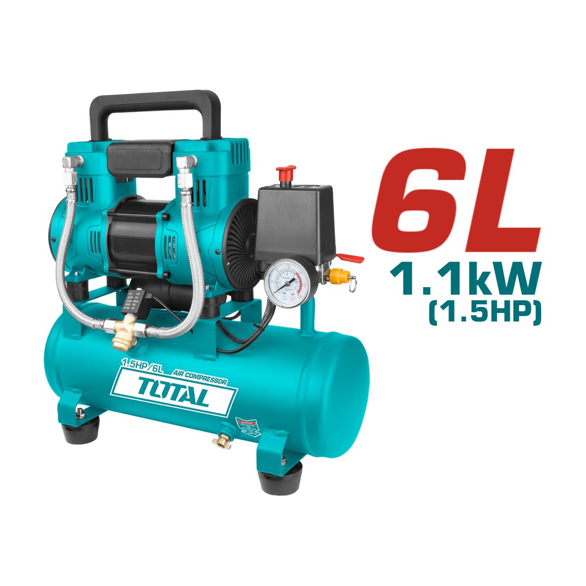 TOTAL TOOLS - Compresora silenciosa 6L + Kit compresor 5 piezas Total