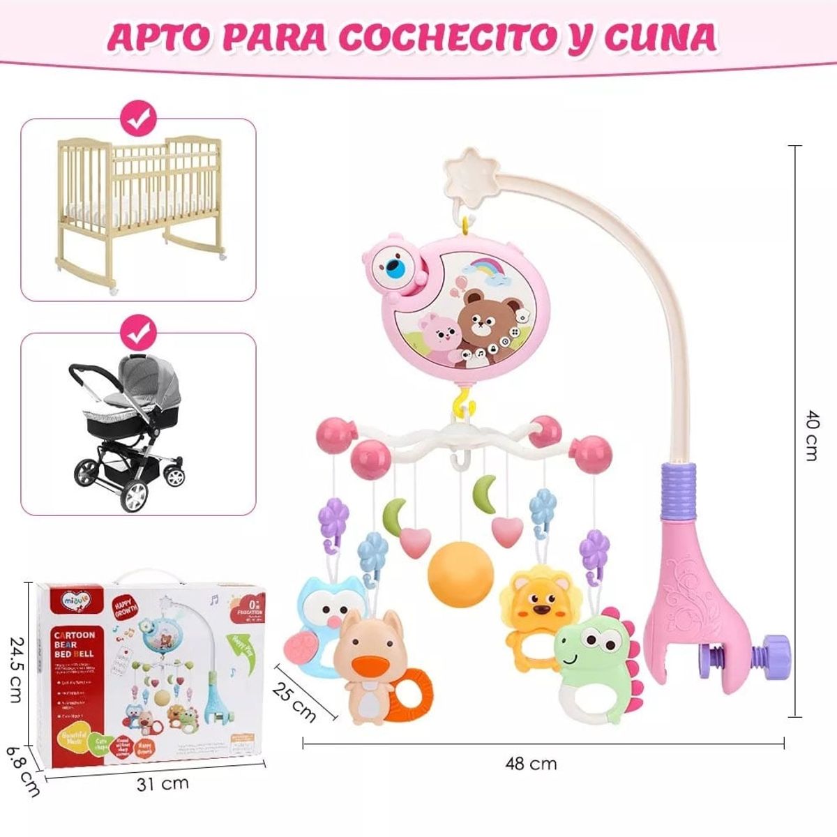 GENERICO - Móvil Para Cuna Osito con Proyector y Control Remoto Rosado
