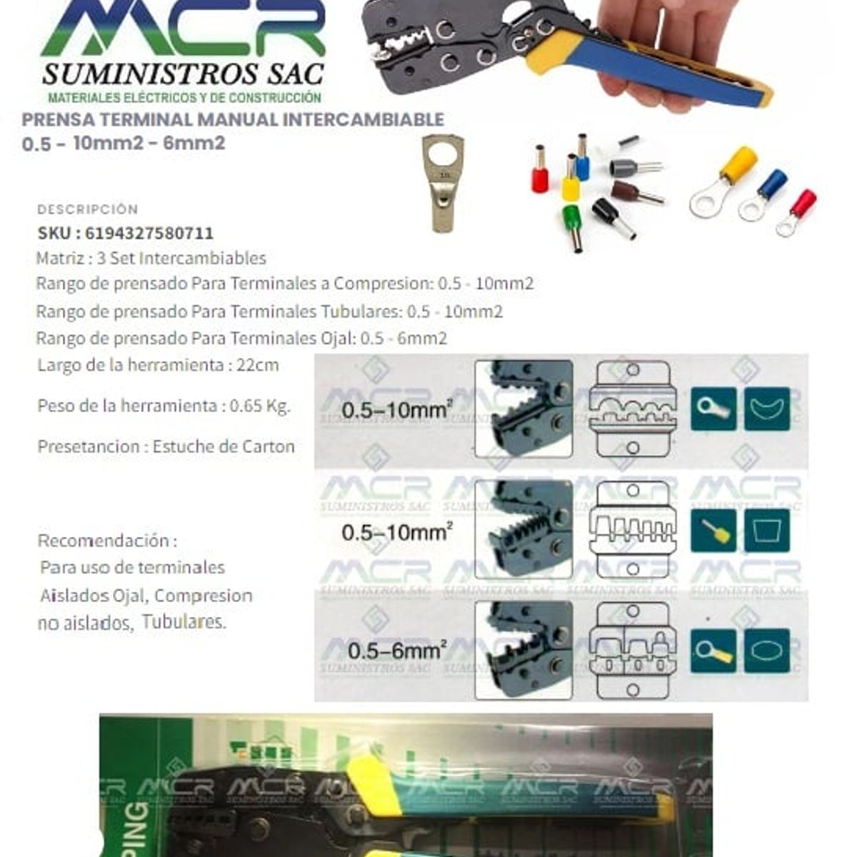 GENERICO - ALICATE PRENSA TERMINAL MANUAL INTERCAMBIABLE 0.5 - 10mm2 - 6mm2 3EN1