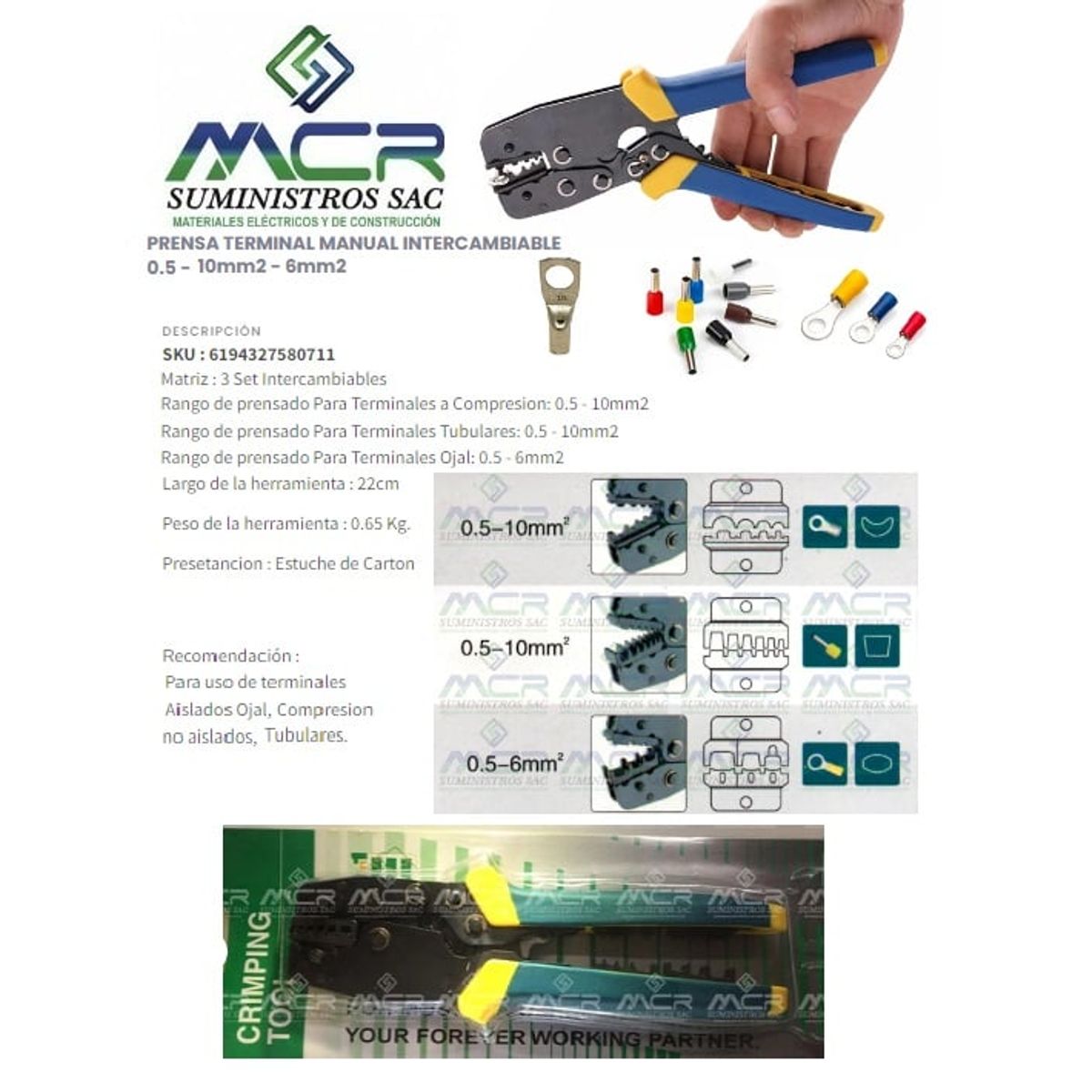 GENERICO - ALICATE PRENSA TERMINAL MANUAL INTERCAMBIABLE 0.5 - 10mm2 - 6mm2 3EN1