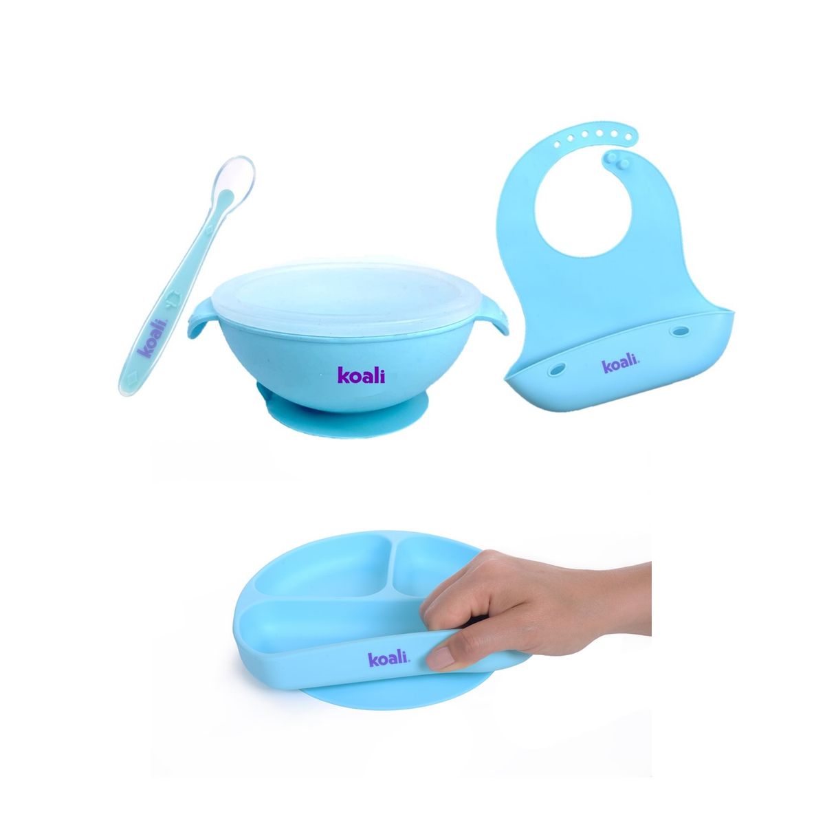 KOALI - Set de Alimentacion Bebe Platos Cuchara Babero de Silicona