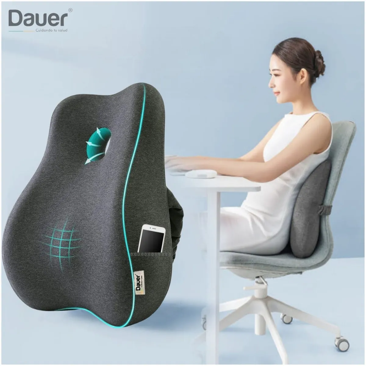 DAUER - Cojín Respaldar Lumbar 3D DAUER viscoelastico de bambu con forro Negro