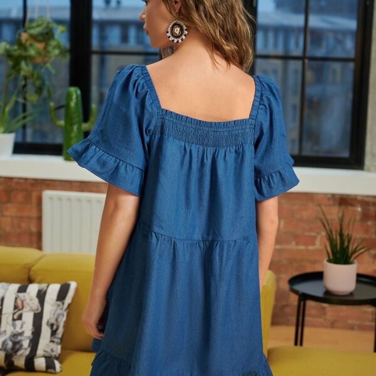 TAIS PRINCESS - Tais Princess Vestido smock volante Liso azul jovencitas