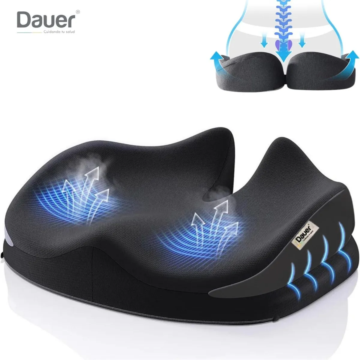 DAUER - Cojin ASIENTO 3D Ergonomico Memory Foam de Bambu con Asa de transporte