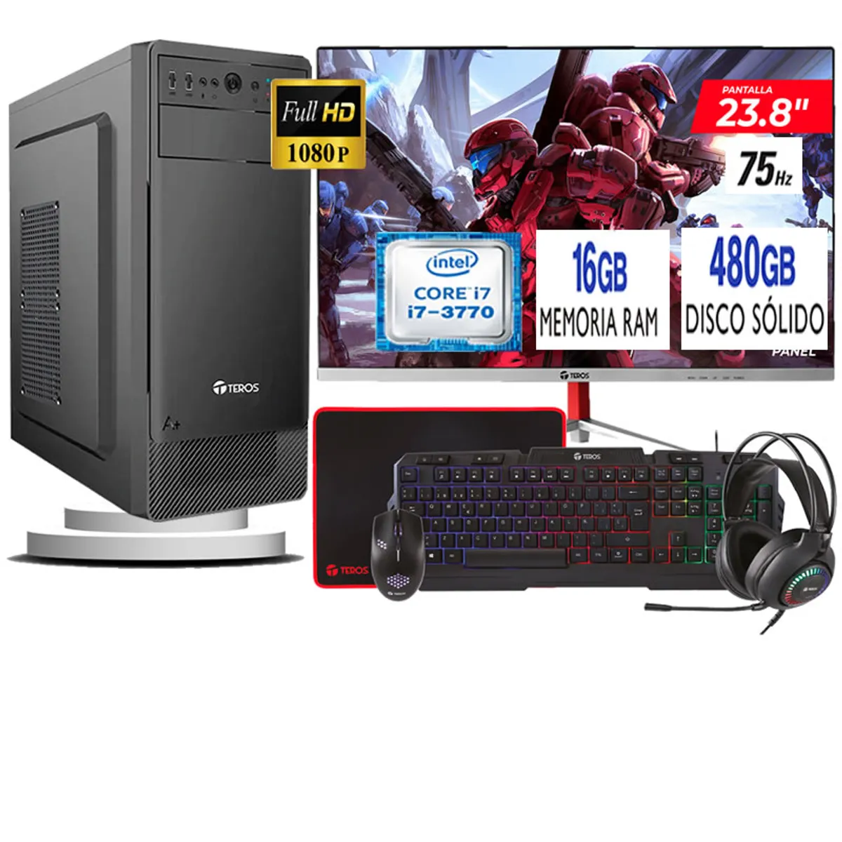 TEROS - Computadora Pc Intel Core i7 3770  Monitor 24 fhd' RAM 16 GB SSD 480 GB