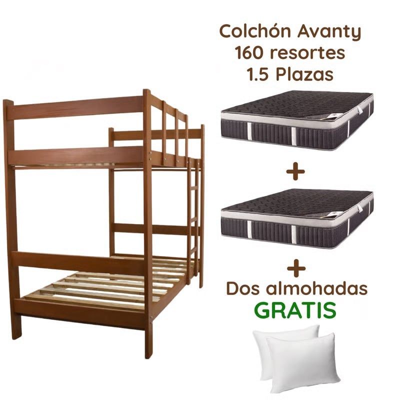 MUEBLES MACRUMO - Combo: Camarote de Madera color Cedro de 1.5 plz + 2 Colchones