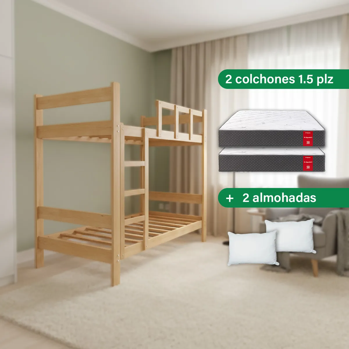 MUEBLES MACRUMO - Combo: Camarote de Madera color Natural de 1.5 plz + 2 Colchones + 2 almohadas