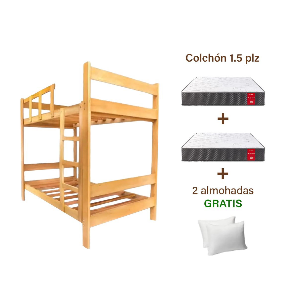 MUEBLES MACRUMO - Combo: Camarote de Madera color Natural de 1.5 plz + 2 Colchones + 2 almohadas