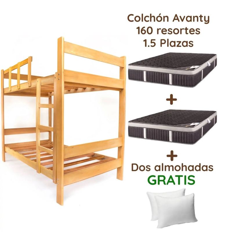 MUEBLES MACRUMO - Combo: Camarote de Pino Natural de 1.5 plz + 2 Colchones