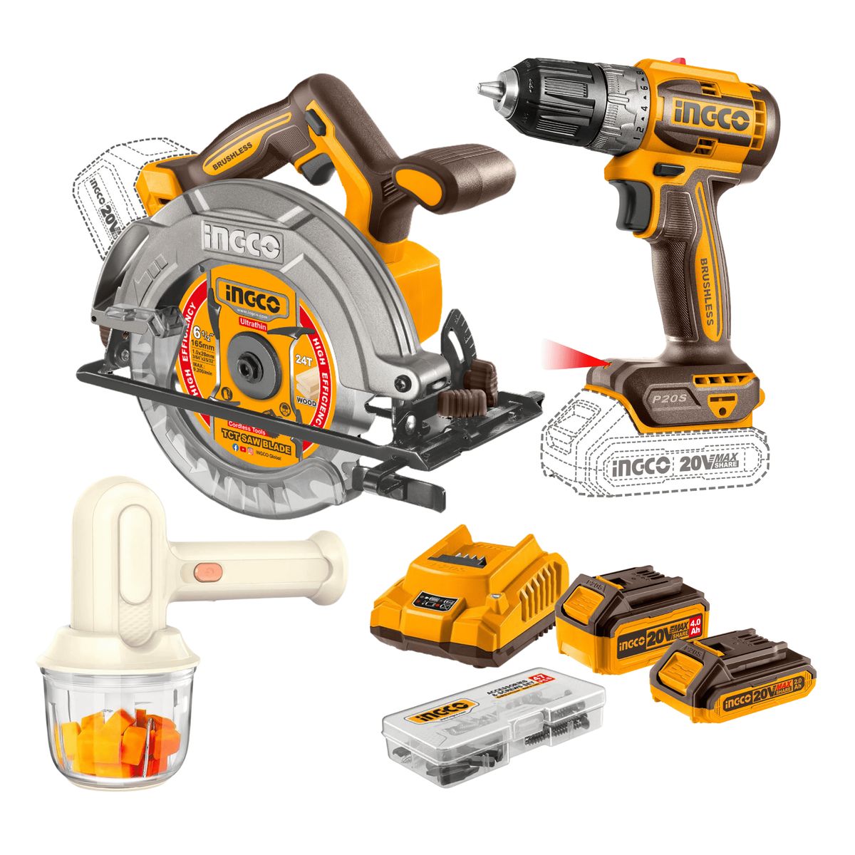 INGCO TOOLS - Sierra circular 6 ½" + taladro 52nm + baterias y cargador Ingco