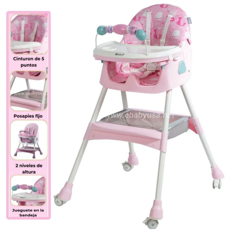 EBABY - Silla de Comer Ebaby Plegable Doble Bandeja LULU Rosado