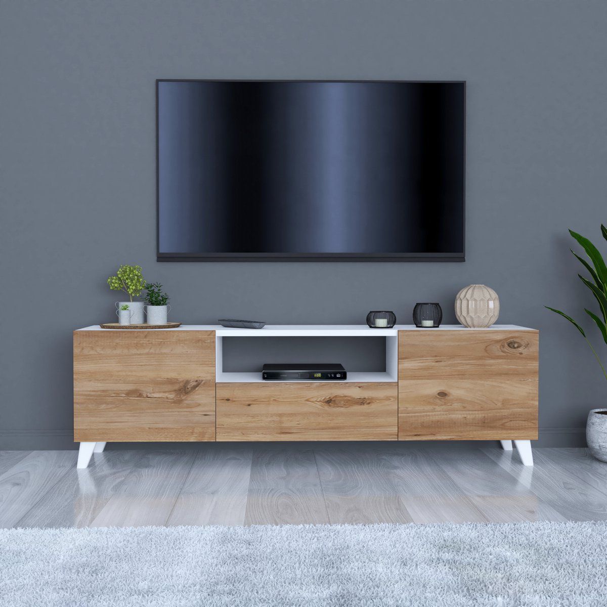 TU MESITA - Mesa de TV Clásica Katrina color BlancoNatural 3 puertas TU MESITA