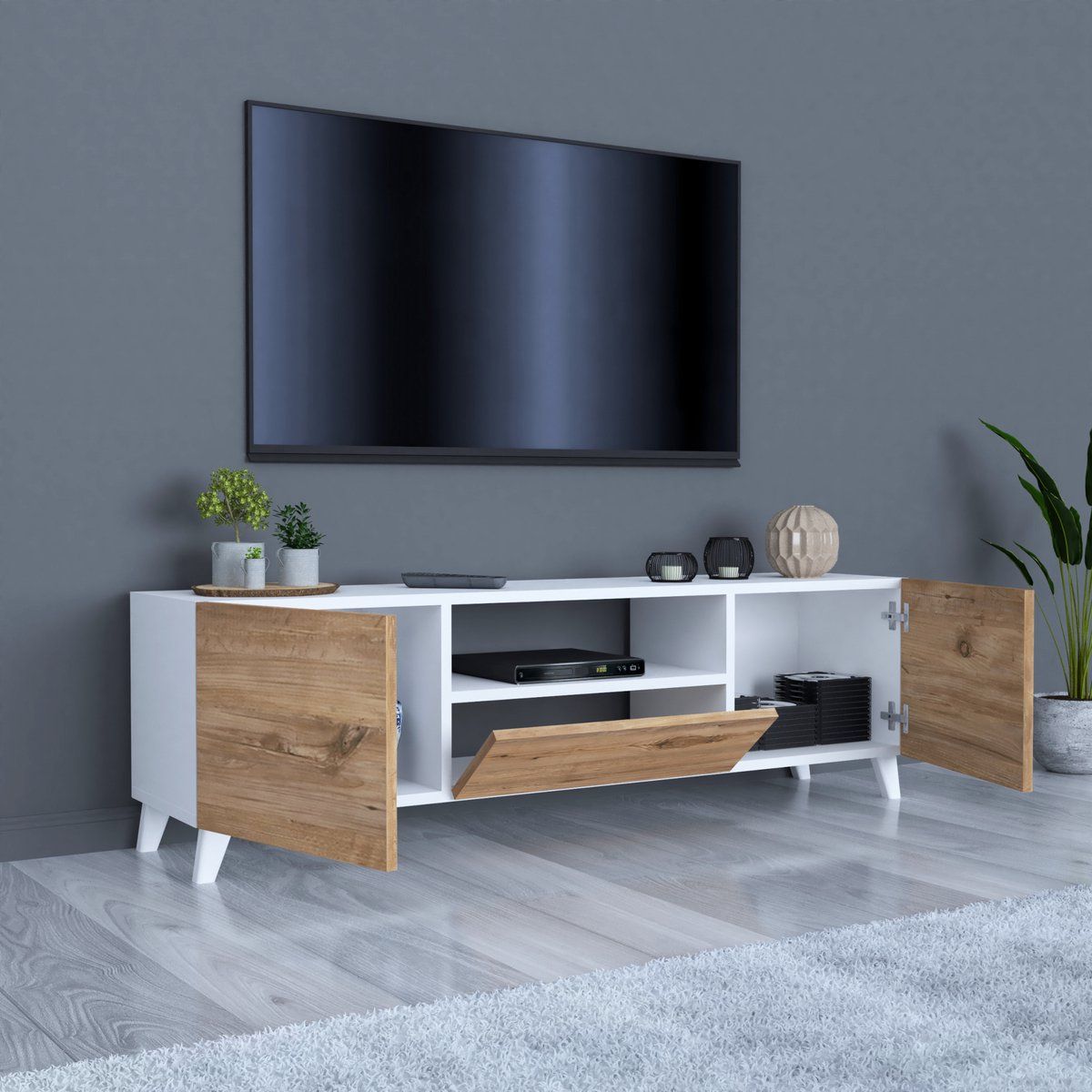 TU MESITA - Mesa de TV Clásica Katrina color BlancoNatural 3 puertas TU MESITA