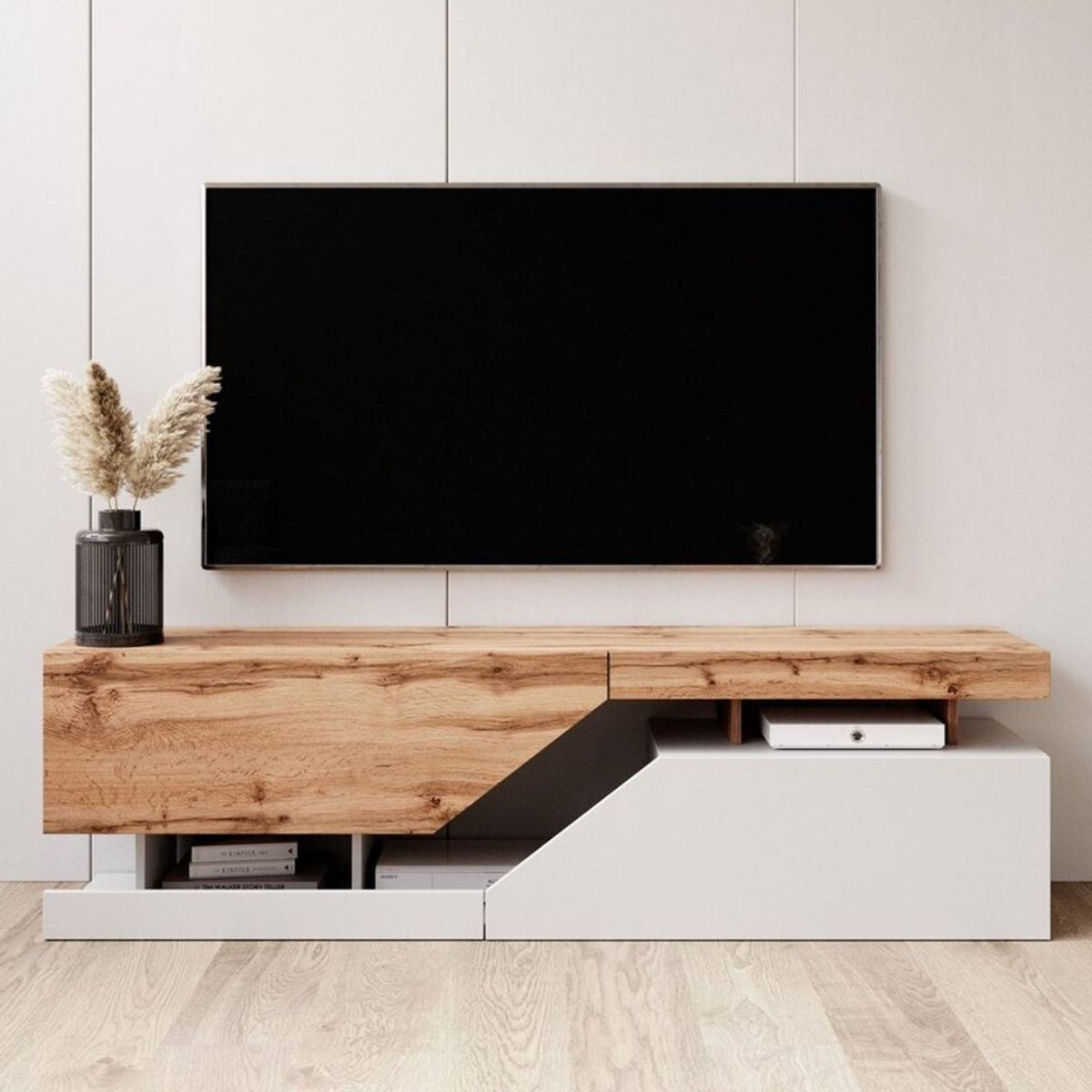 TU MESITA - Mesa de Tv Moderna Alexis 2 puertas color BlancoRoble TU MESITA