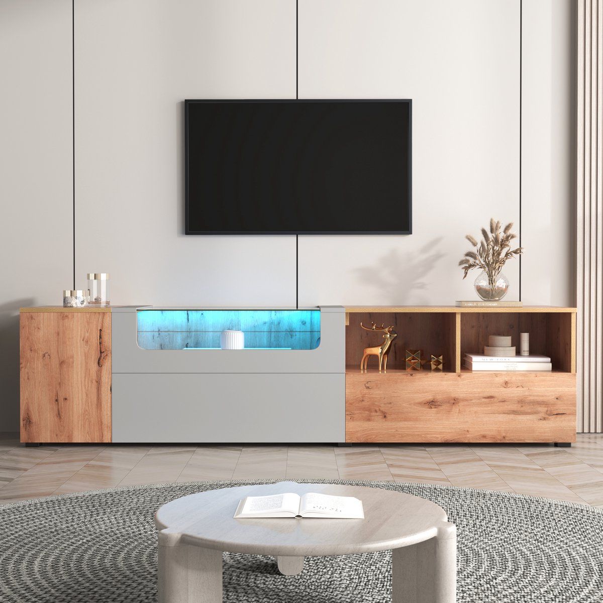 TU MESITA - Mesa de TV larga LED Tommy 3 puertas color RobleGris claro TU MESITA