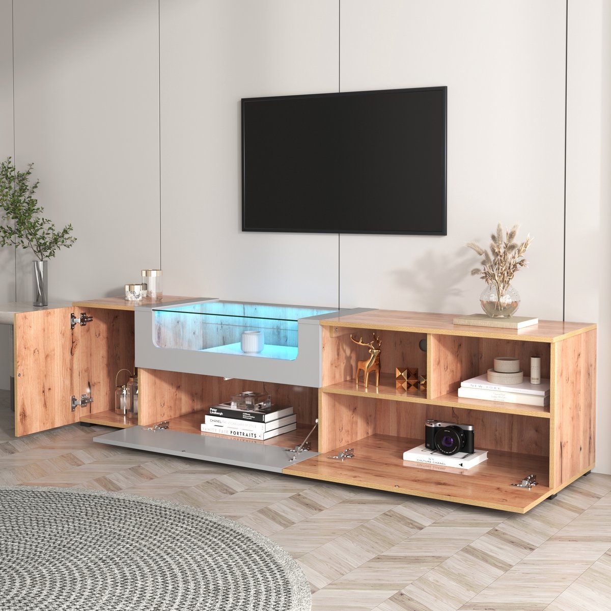 TU MESITA - Mesa de TV larga LED Tommy 3 puertas color RobleGris claro TU MESITA