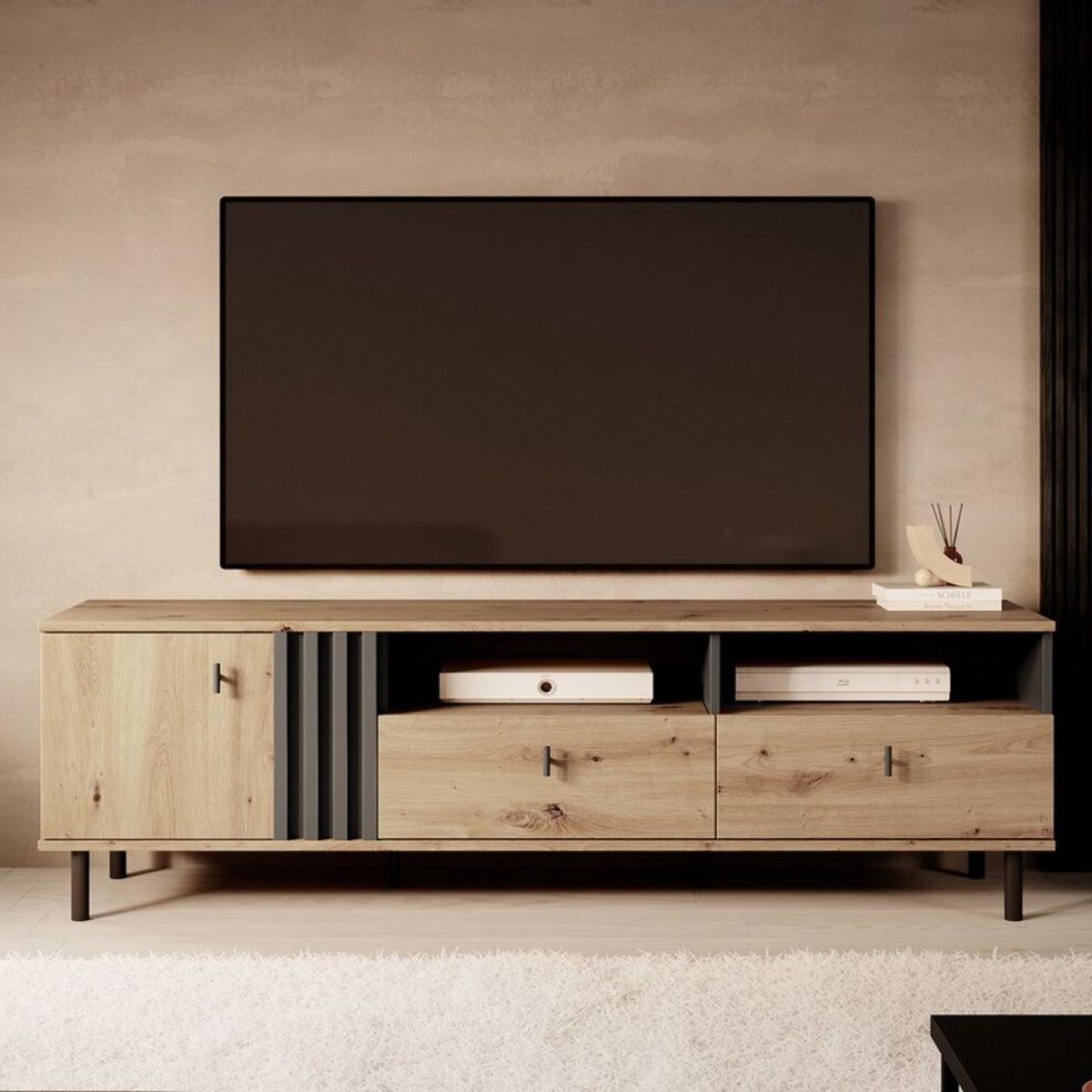 TU MESITA - Mesa de TV Moderna Robín2 color DunaNegro 1 puerta 2 cajonesTU MESITA