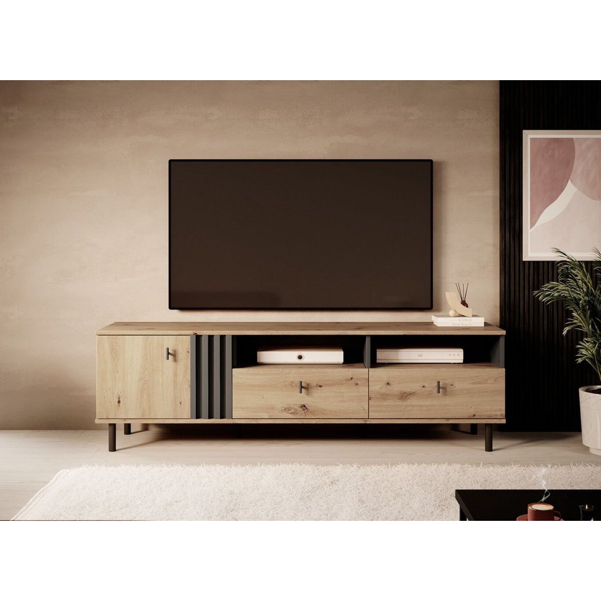 TU MESITA - Mesa de TV Moderna Robín2 color DunaNegro 1 puerta 2 cajonesTU MESITA