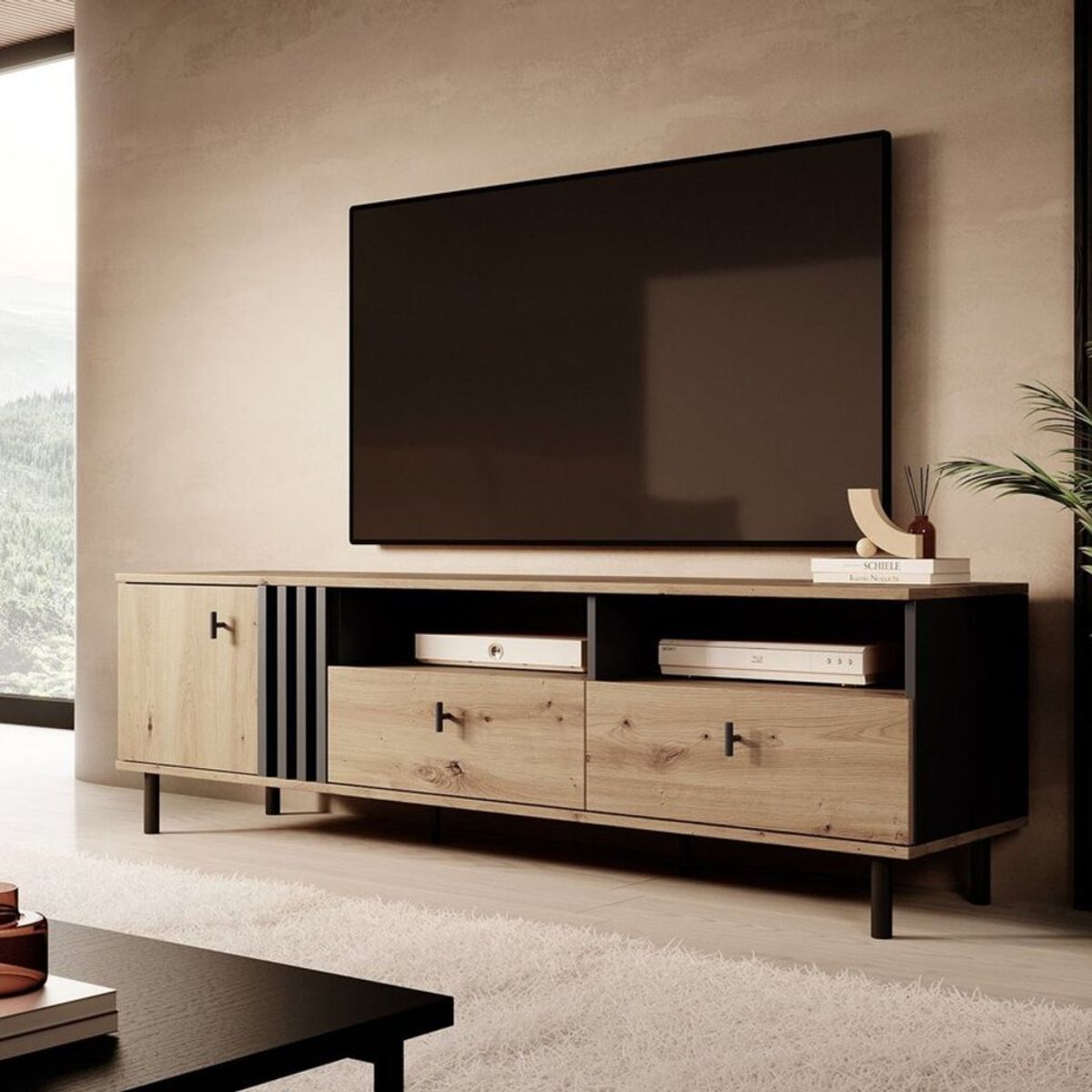 TU MESITA - Mesa de TV Moderna Robín2 color DunaNegro 1 puerta 2 cajonesTU MESITA