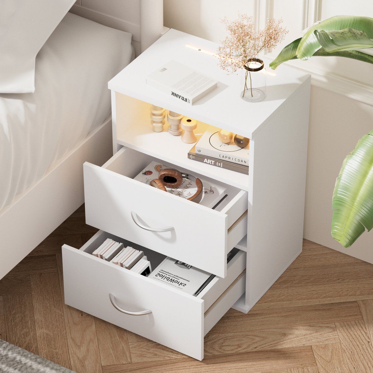 TU MESITA - Velador Mesa de Noche Renee con luz LED 2 cajones color Blanco TU MESITA