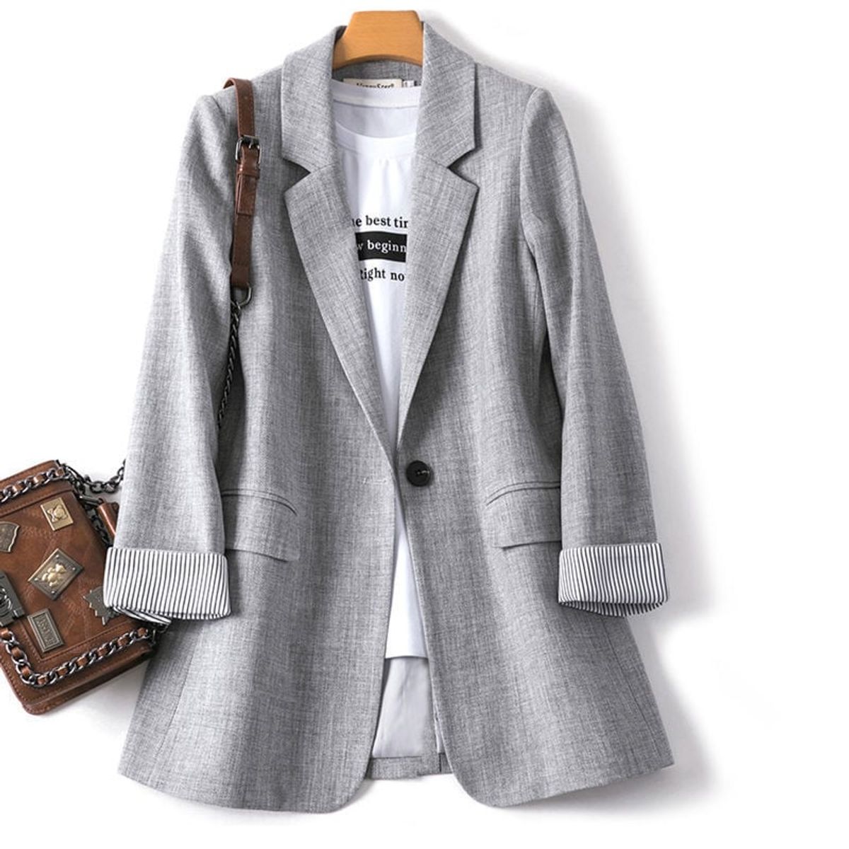 GENERICO - Blazer Saco Ligero Color Albaricoque con Puños a Rayas - Blazer Casual Felicia