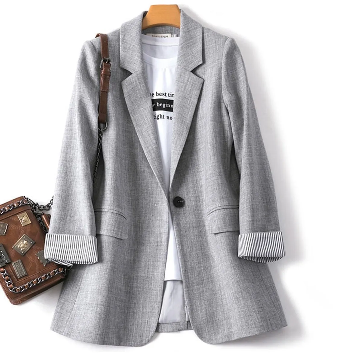 GENERICO - Blazer Saco Ligero Color Albaricoque con Puños a Rayas - Blazer Casual Felicia