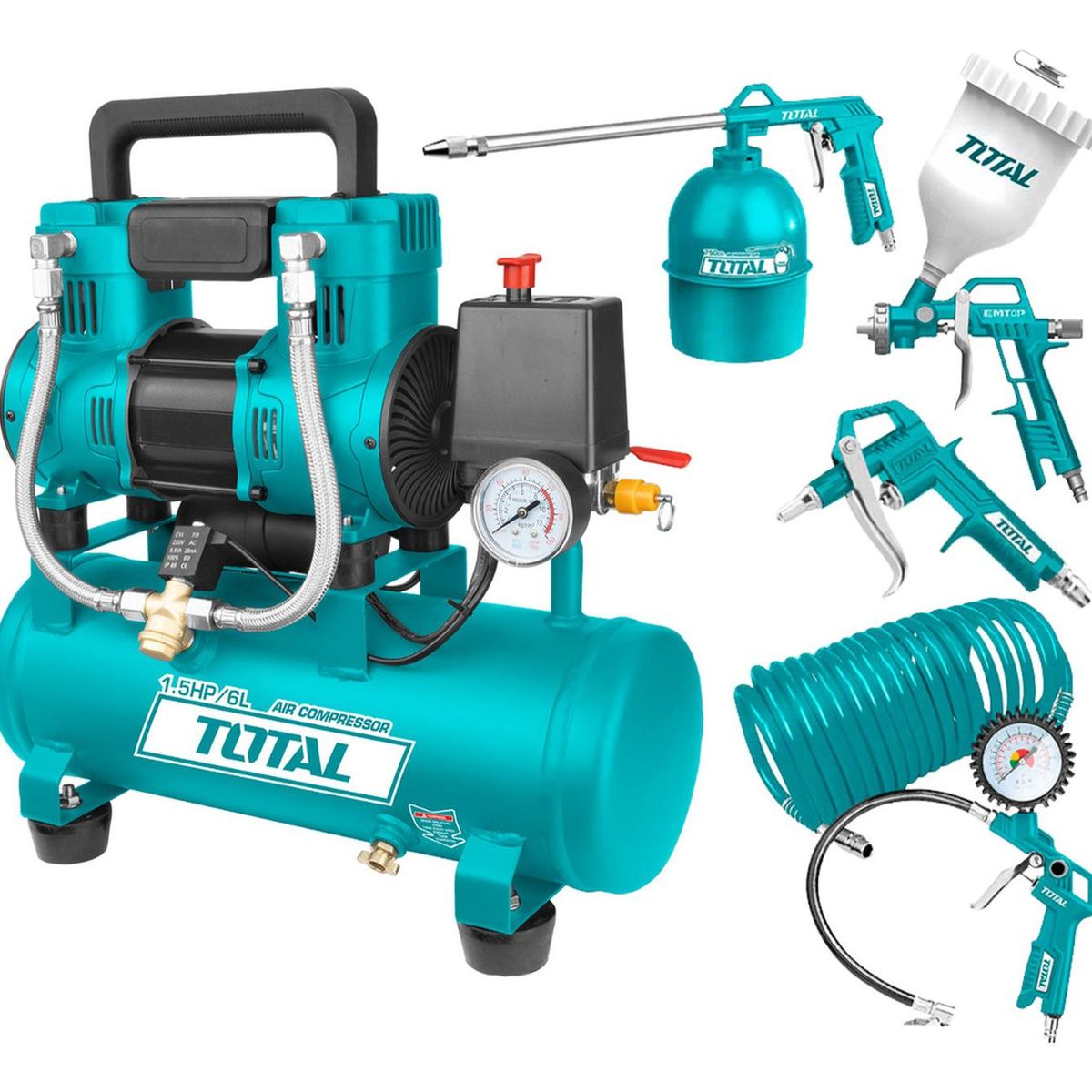 TOTAL - Compresora silenciosa 6L + Kit compresor 5 piezas Total