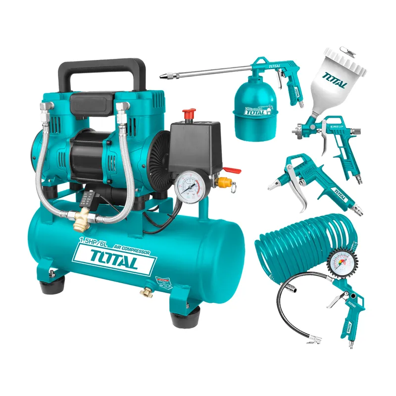 TOTAL TOOLS - Compresora silenciosa 6L + Kit compresor 5 piezas Total