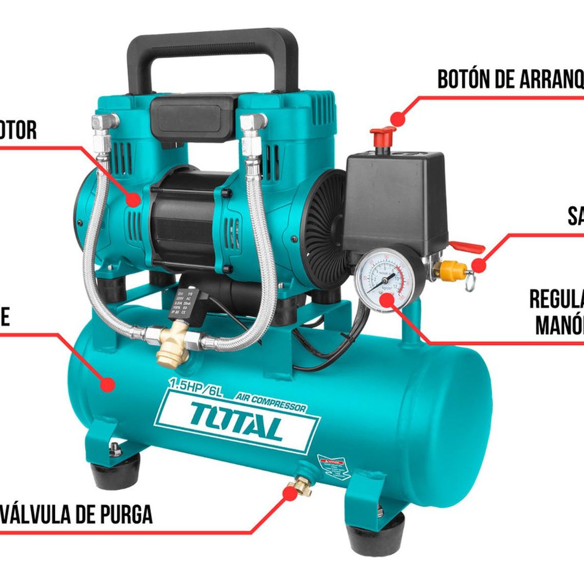 TOTAL - Compresora silenciosa 6L + Kit compresor 5 piezas Total