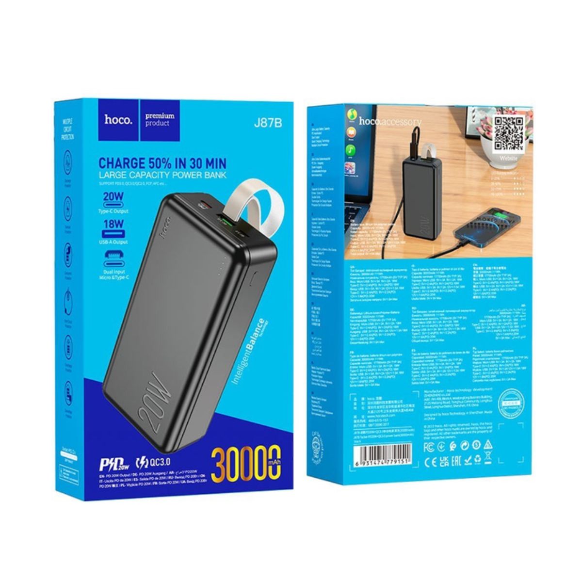 HOCO - Power Bank HOCO 30000mAh Carga Rápida 20W Bateria Portátil  HOCO J87B