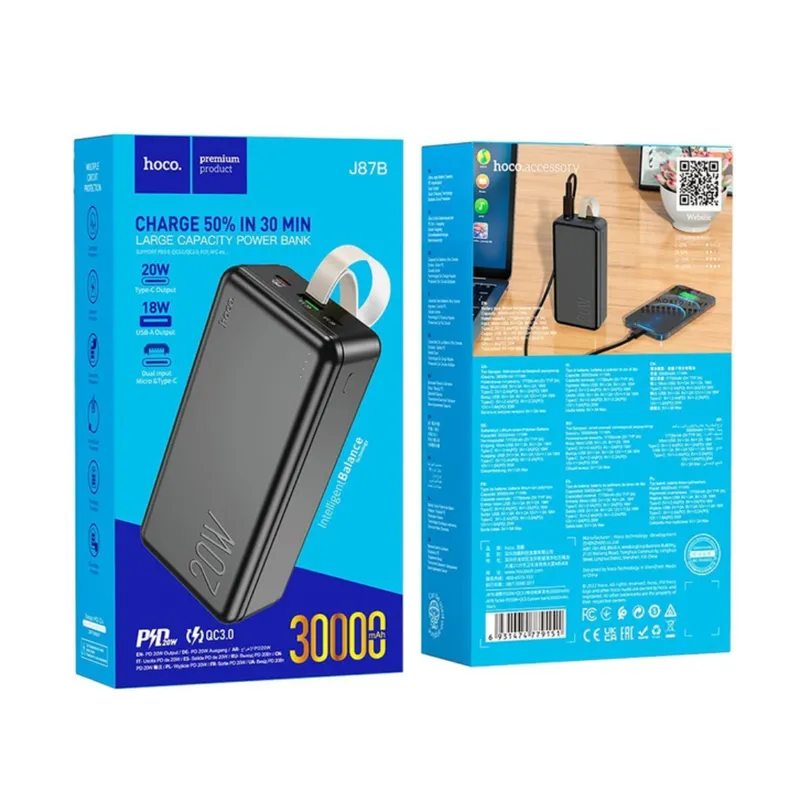 HOCO - Power Bank 30000mAh Carga Rápida 20W Bateria Portatil Hoco J87B
