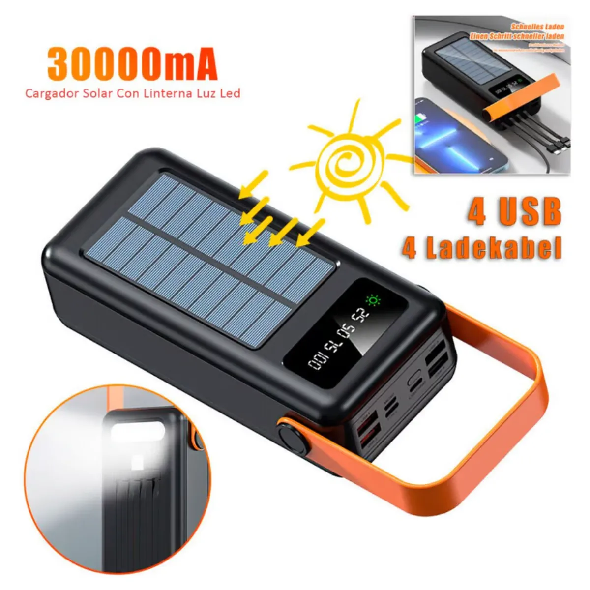 HOCO - Power Bank HOCO 30000mAh Carga Solar Carga Rapida 22 5W con Linterna